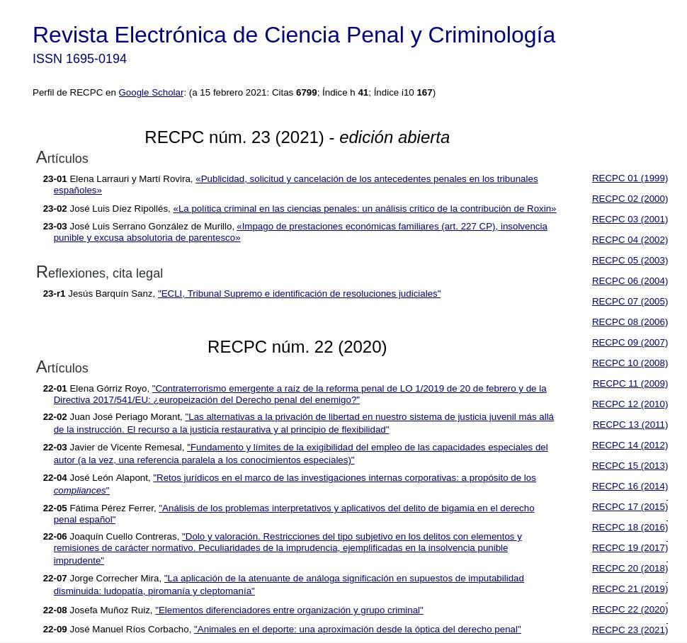 Captura de pantalla de la web de la Revista Electrónica de Ciencia Penal y Criminología